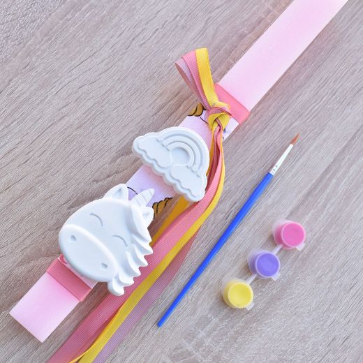 greek easter lambades for girls in pink color with unicorn theme, easter orthodox candles for girl design