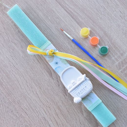 greek easter lambades for child in mint green color with basket theme, orthodox easter candle for kids design