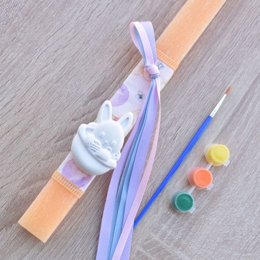 greek easter lambades for girl in yellow color with bunny theme, orthodox easter candle for girls design