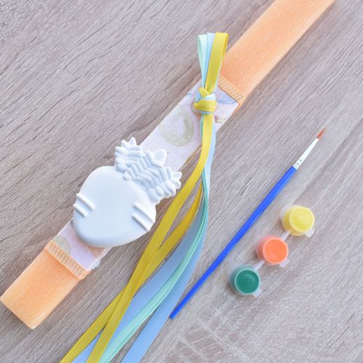 greek easter lambades for child in yellow color with carrot theme, orthodox easter candle for kids design