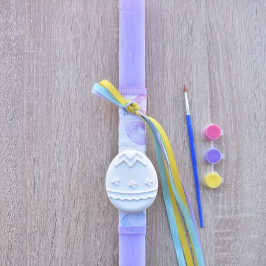 greek easter lambathes for girls in lilac color with egg theme, orthodox easter candle for girl design