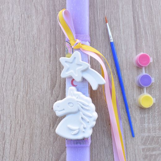 lilac greek easter lambada candle for girls with unicorn decoration, lambathes easter girls style