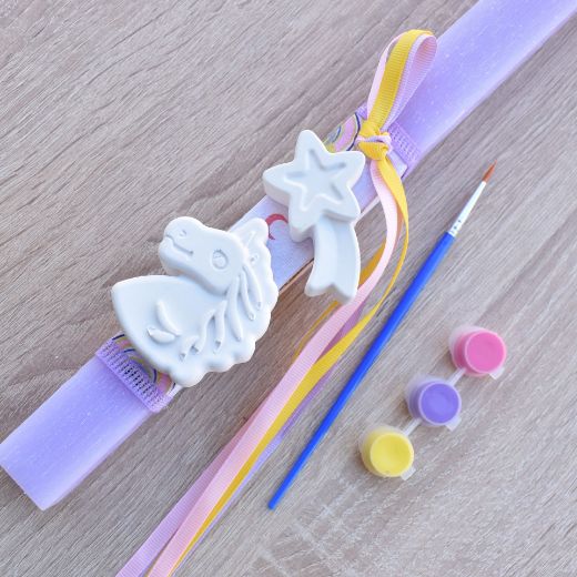 πρωτότυπες λαμπάδες για κορίτσια σε λιλά χρώμα με μονόκερο, πασχαλινές λαμπάδες για κορίτσια