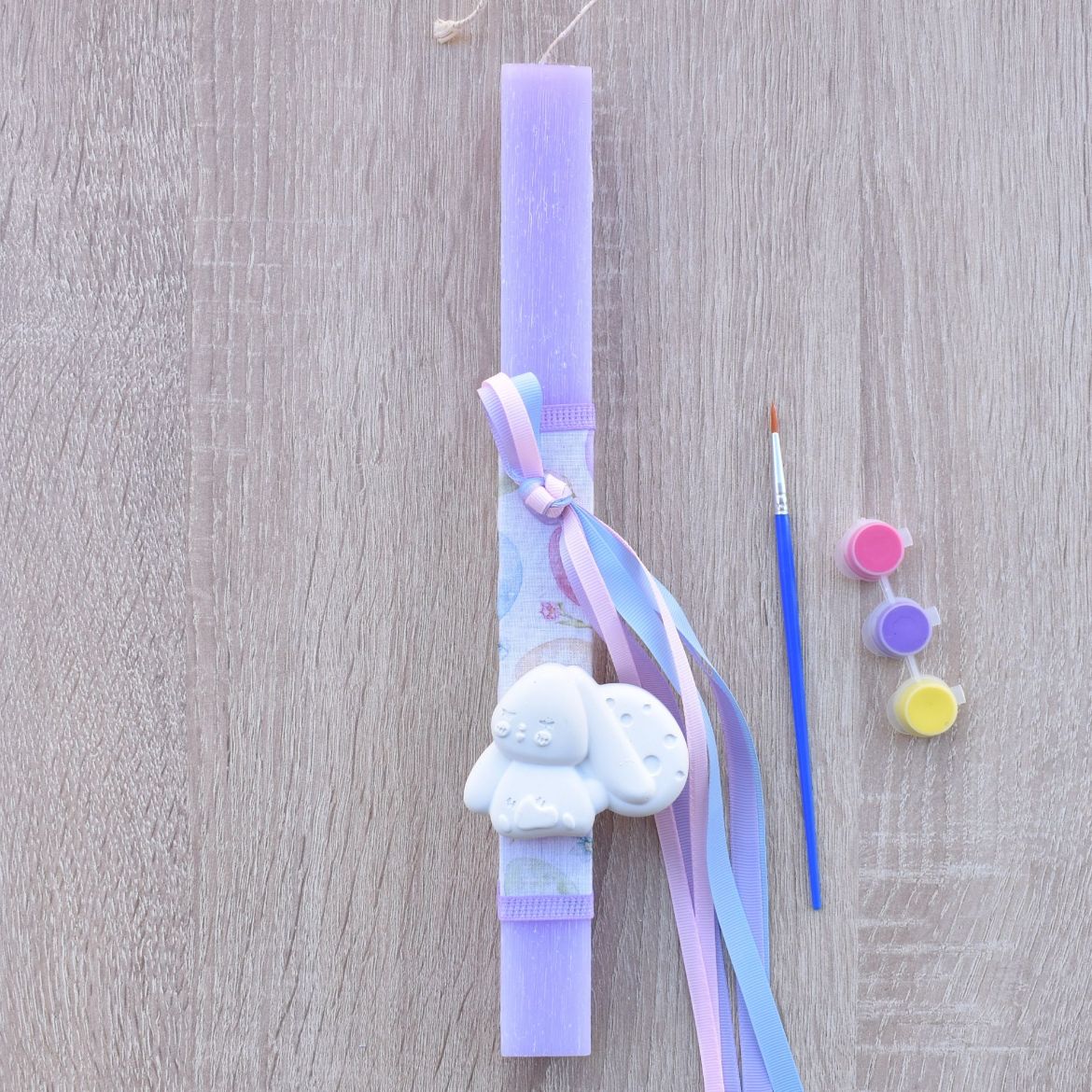 λιλά λαμπάδα για κορίτσι με διακοσμητικό λαγό σε πασχαλινό ύφος, παιδικές λαμπάδες για κορίτσια