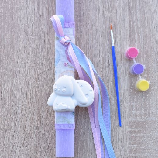 greek easter lambathes for girls in lilac color with rabbit theme, orthodox easter candle for girl design