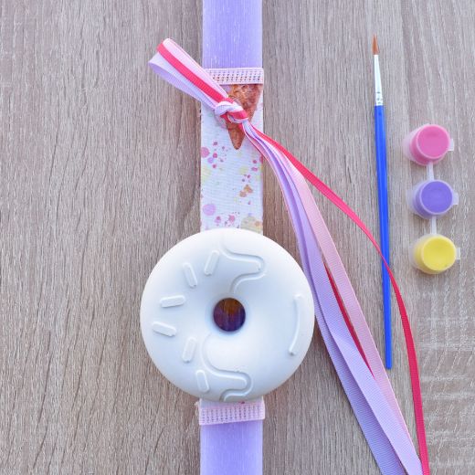 greek easter lambades candles for girl in lilac color with donut theme, easter orthodox candles for girls design