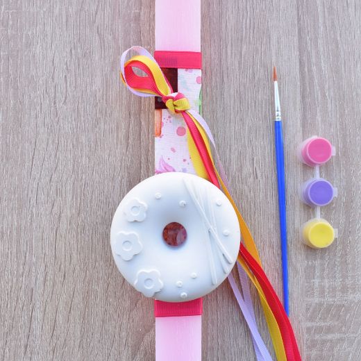 greek easter lambades for girl in pink color with donut theme, orthodox easter candle for girls design