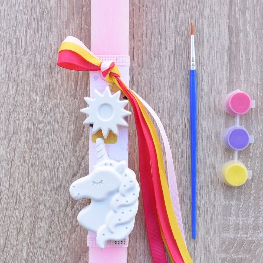 pink greek easter lambada candle for girl with unicorn decoration, easter lambades girls style