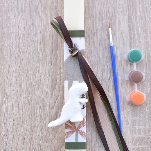 beige greek easter lambada candle for boy with dinosaur decoration, lambathes easter boys style