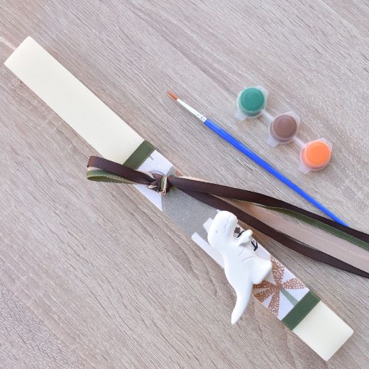 greek easter lambades for boys in beige color with dinosaur theme, orthodox easter candle for boy design