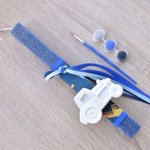 greek easter lambathes for boy in blue color with tractor theme, orthodox easter candle for boys design