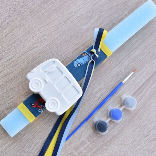 λαμπάδες πασχαλινές για αγόρια σε θαλασσί χρώμα με θέμα λεωφορείο, λαμπάδες αγορίστικες