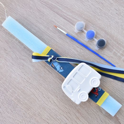 greek easter lambades for boys in turquoise color with bus theme, orthodox easter candle for boy design