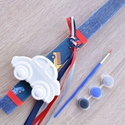 greek easter lambades for boys in blue color with car theme, orthodox easter candle for boy design