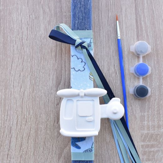 blue greek easter lambada candle for boys with helicopter decoration, lambathes easter boys style