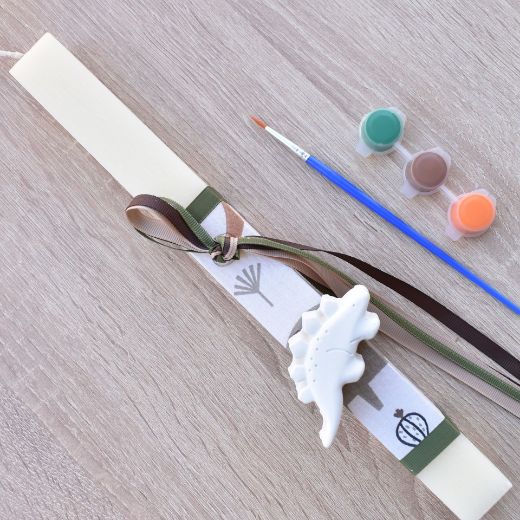 beige greek easter lambada candle for boy with dinosaur decoration, easter lambades boys style
