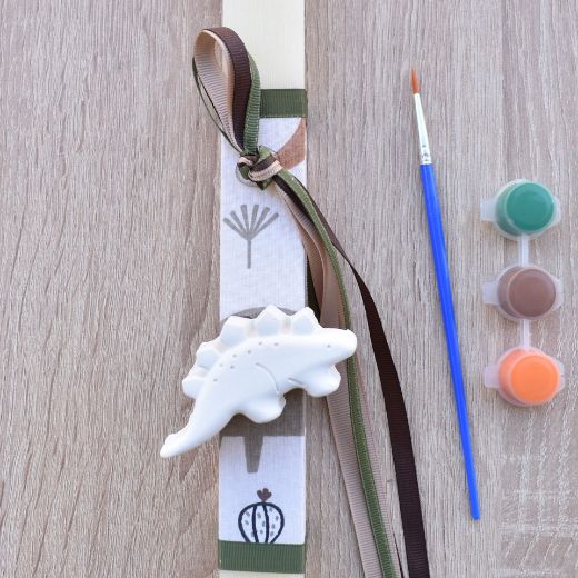 greek easter lambathes for boys in beige color with dinosaur theme, orthodox easter candle for boys design