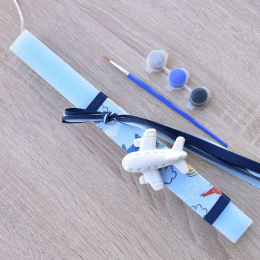 blue greek easter lambada candle for boy with airplane decoration, lambathes easter boys style