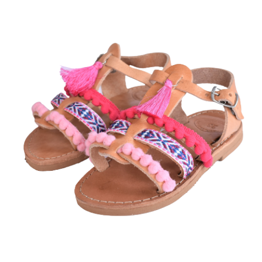 Picture of Kids leather sandals gladiator pink with tassels No 20, 24