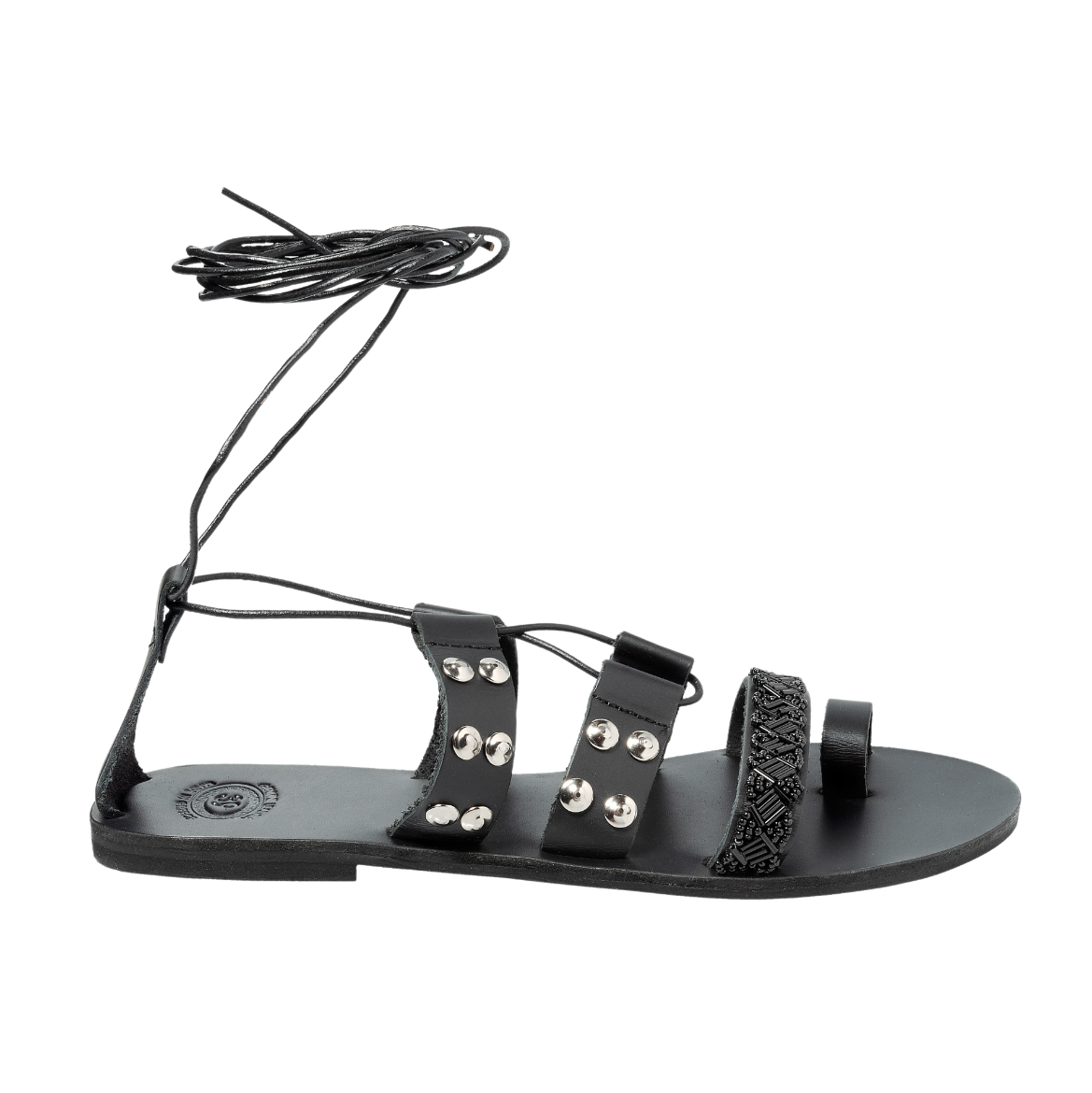 Picture of Handmade woman leather sandals black lace up with studs No 39