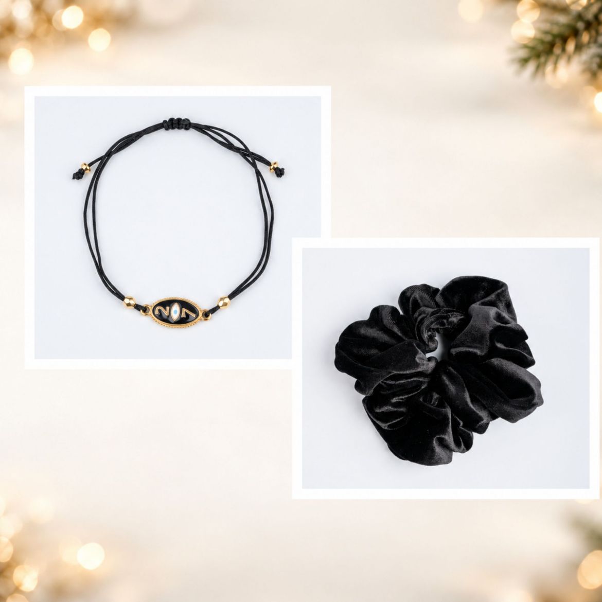 Picture of Gift set with gold-plated black oval evil eye gouri bracelet and black velvet scrunchie