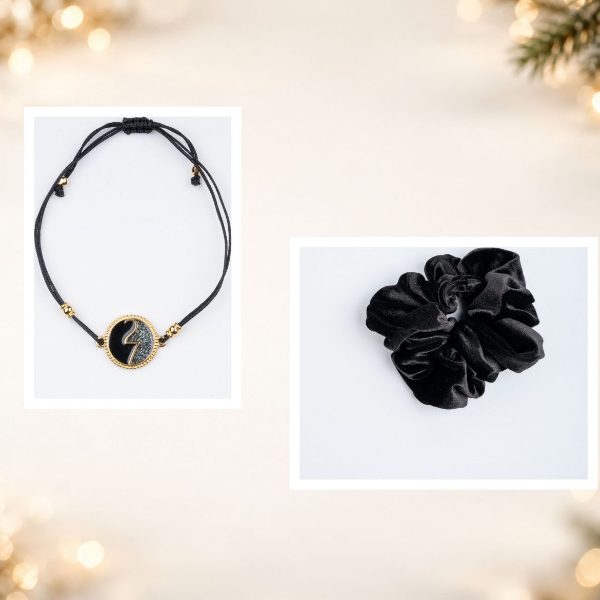 Picture of Gift set with gold-plated black round 27 charm gouri bracelet and black velvet scrunchie
